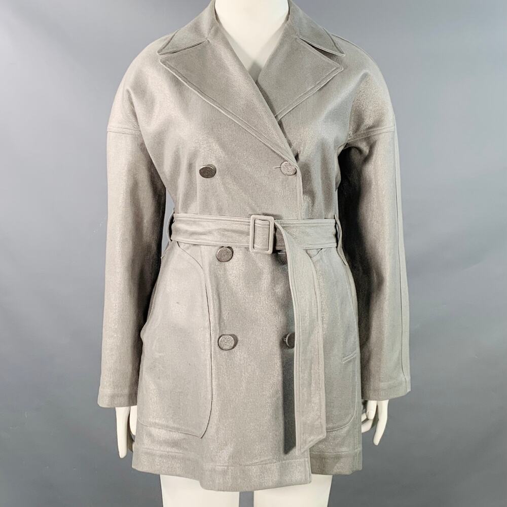 ALAIA Size 10 Grey Silver Cotton Twill Belted Double Breasted Coat